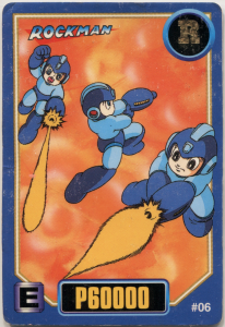#06 Rockman buster action poses over a fiery looking background. E-can in the bottom left corner. 