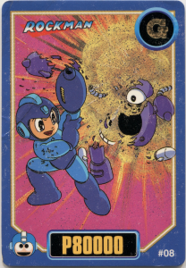Rockman destroys a purple Big Eye (you won't find a purple one in any of the games). 1-UP in the corner.