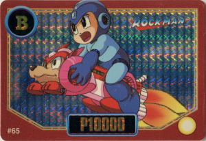 #65 holographic card. Rockman and Rush Jet to the rescue! Life energy in corner.