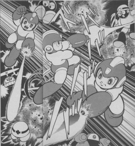 Rockman manga splash page 22 & 23, here we can see what Rockman was shooting at.