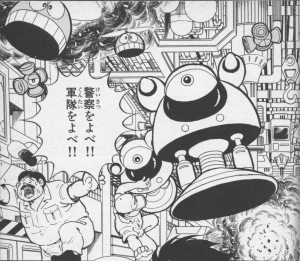 Rockman World p23. The workers are running from other robots too like Suzys, Cutting Wheels and Bunby Helis. "Call the police!　Call the army!" they cry.